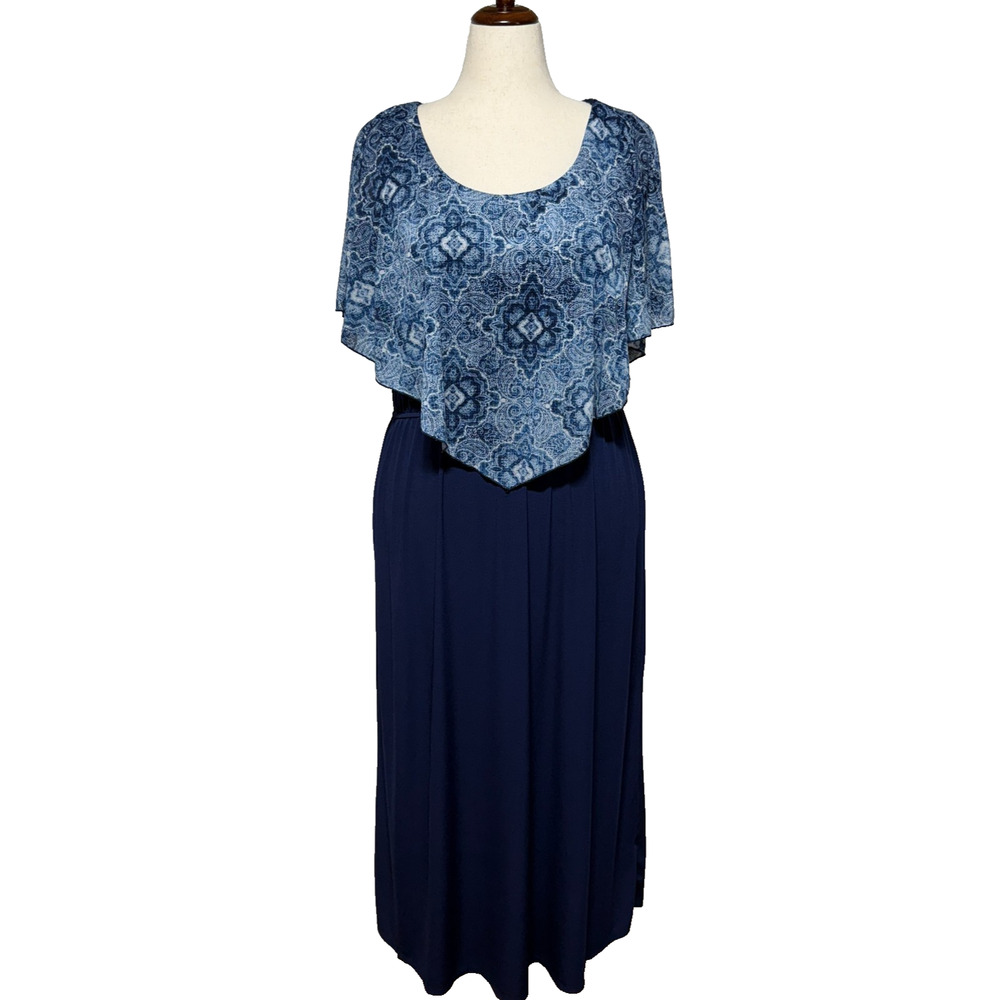 Naif Dress 2X Maxi Navy Blue Floral Handkerchief Print Overlay Scoop Neck Party